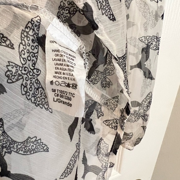 Sheer Bird Print Blouse Button Up with Tie Neck Long Sleeve - Picture 9 of 10